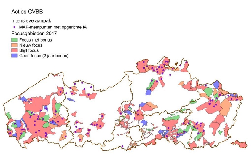 Figuur 1 Kaart van de IA gebieden in 2016 gesitueerd in de focusgebieden 2017